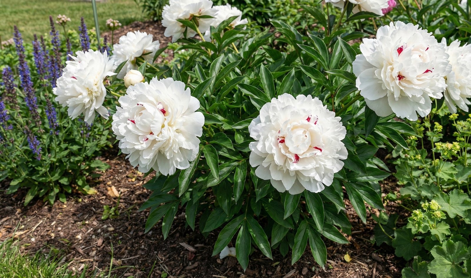 Piena ziedu peonija ‘Festiva Maxima’ (Paeonia lactiflora ‘Festiva Maxima’)